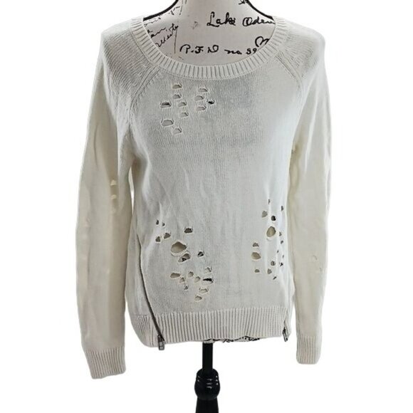 Express Sweater White Distressed Zippers Knit Womens Size XS - Picture 1 of 6